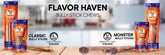 All natural regular bully stick chews and thicker monster bully sticks from Raw Dog